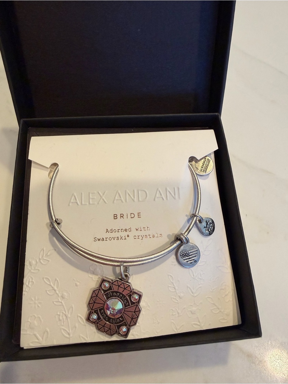 Alex and Ani Silver Bracelet Bride Happily Ever After Iridescent Crystal Charm